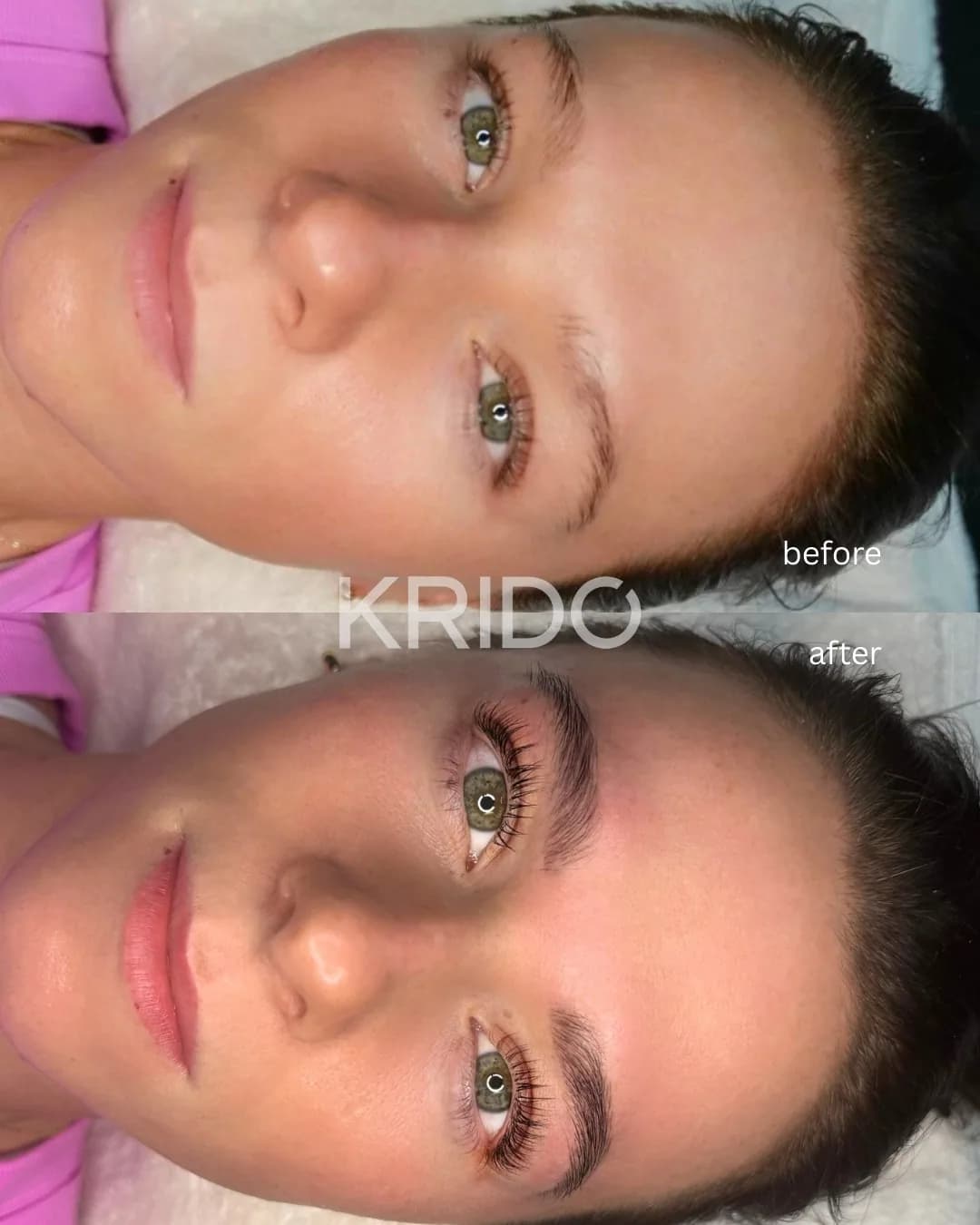Client’s face before and after a brow and lash service at KRIDO Wellness, showing fuller brow shape and lifted lashes