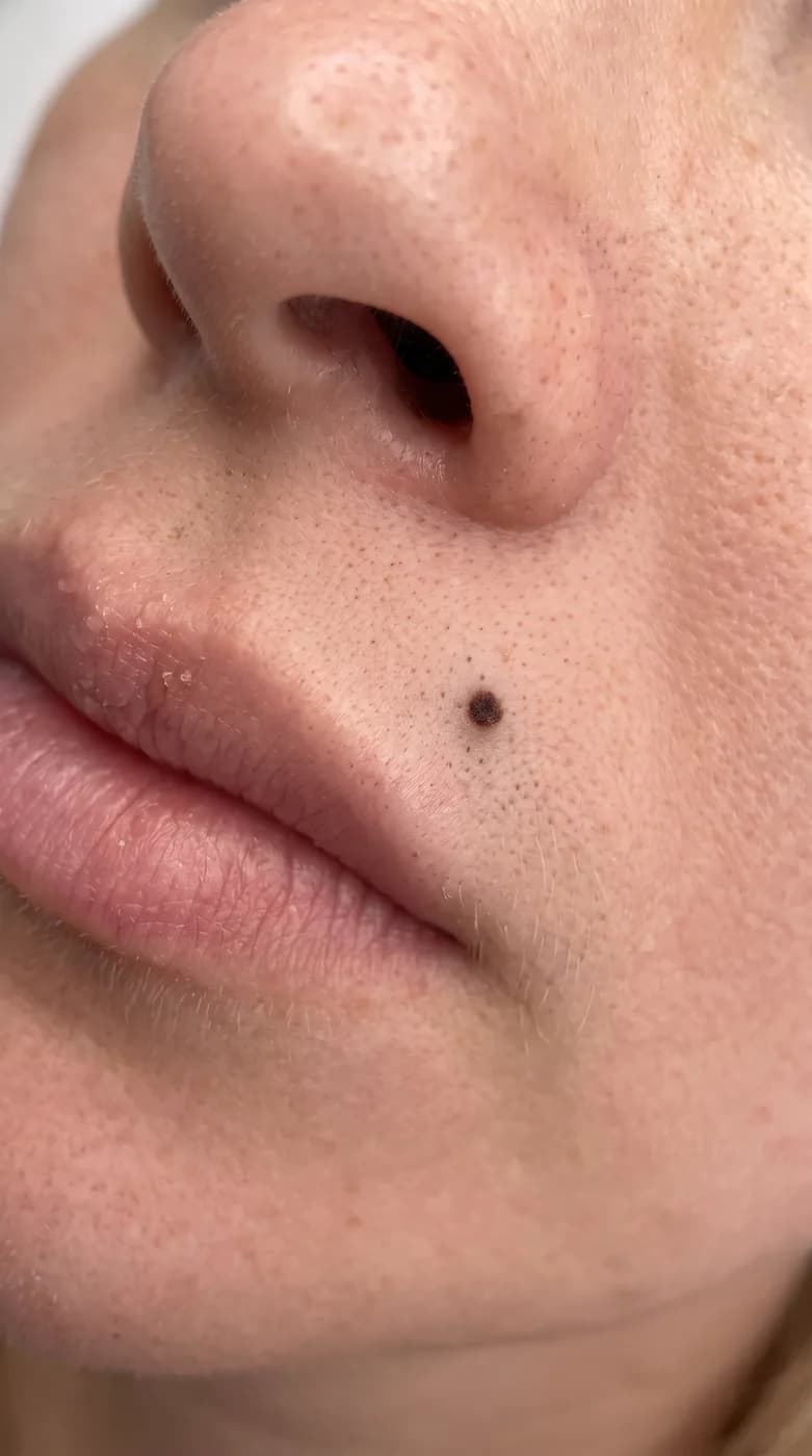 Close-up of a cosmetic beauty mark above the lip