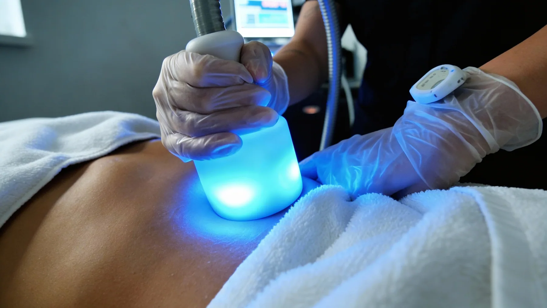Esthetician moving a blue-lit cryo handpiece across a client's midsection during a CryoSkin treatment