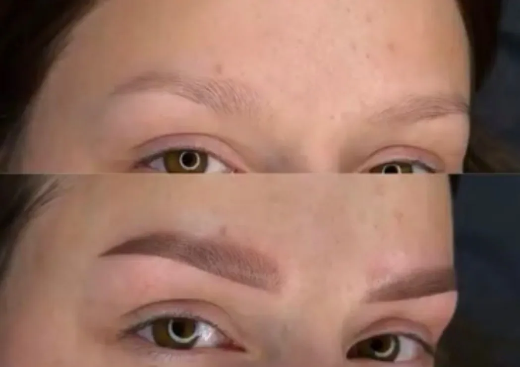 Detail of hair-stroke nano brows shaped and shaded by the KRIDO Wellness permanent makeup artist
