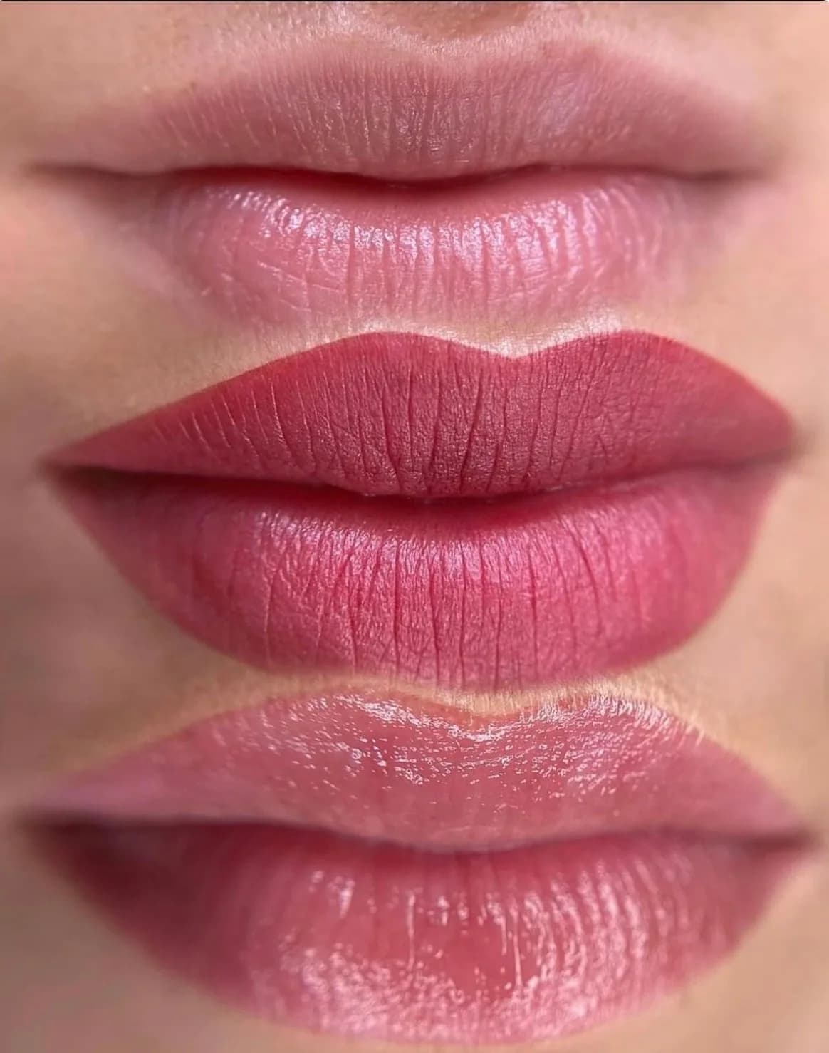 Close-up of a client’s lips before and after lip blush permanent makeup at KRIDO Wellness