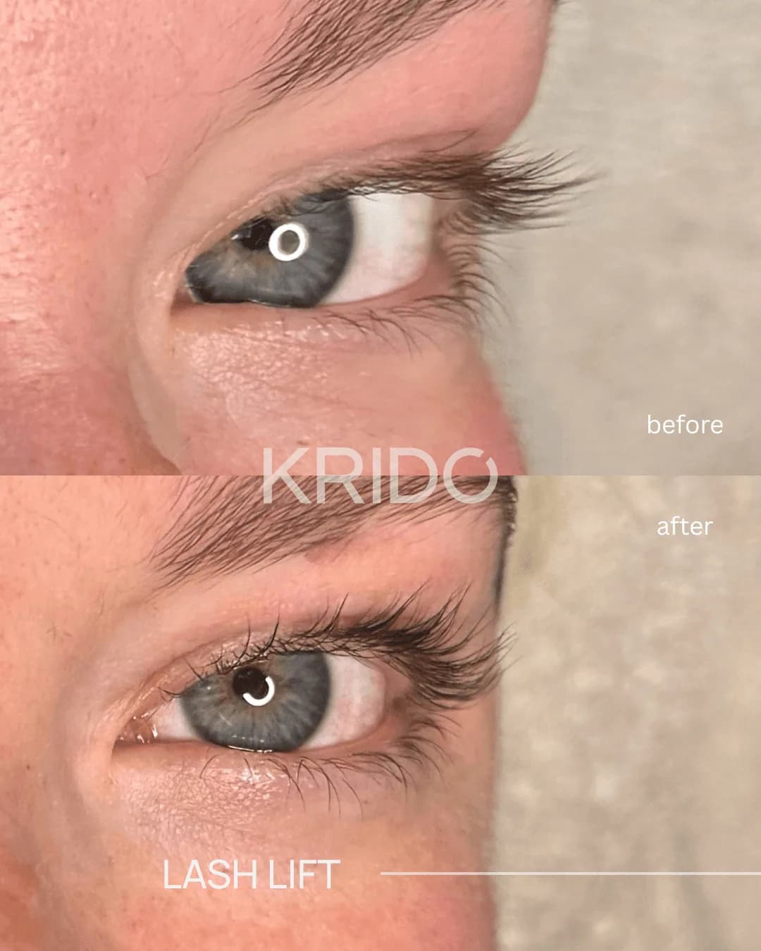Side view of a client’s eye before and after a lash lift at KRIDO Wellness