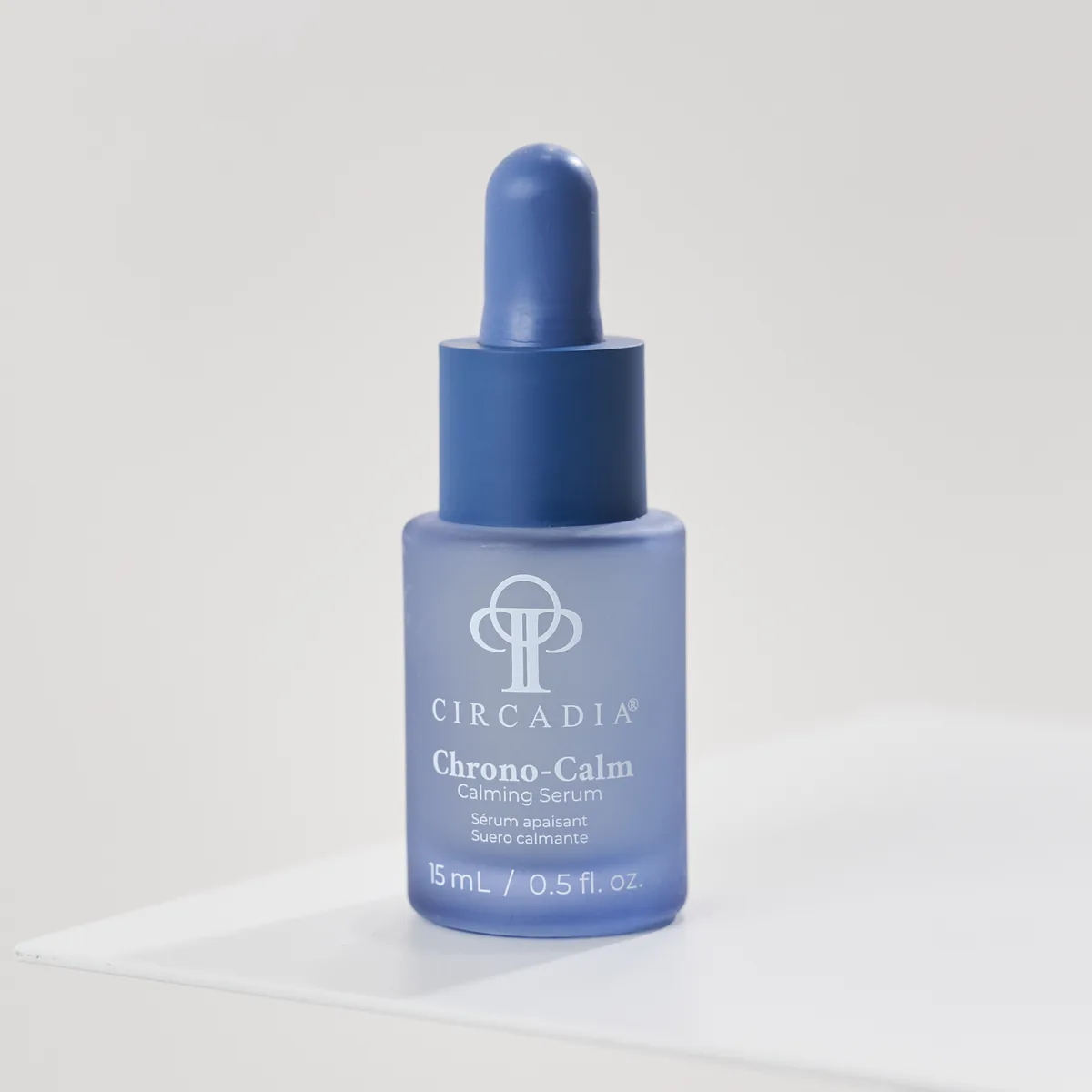 Chrono-Calm Serum by Circadia, on a white pedestal