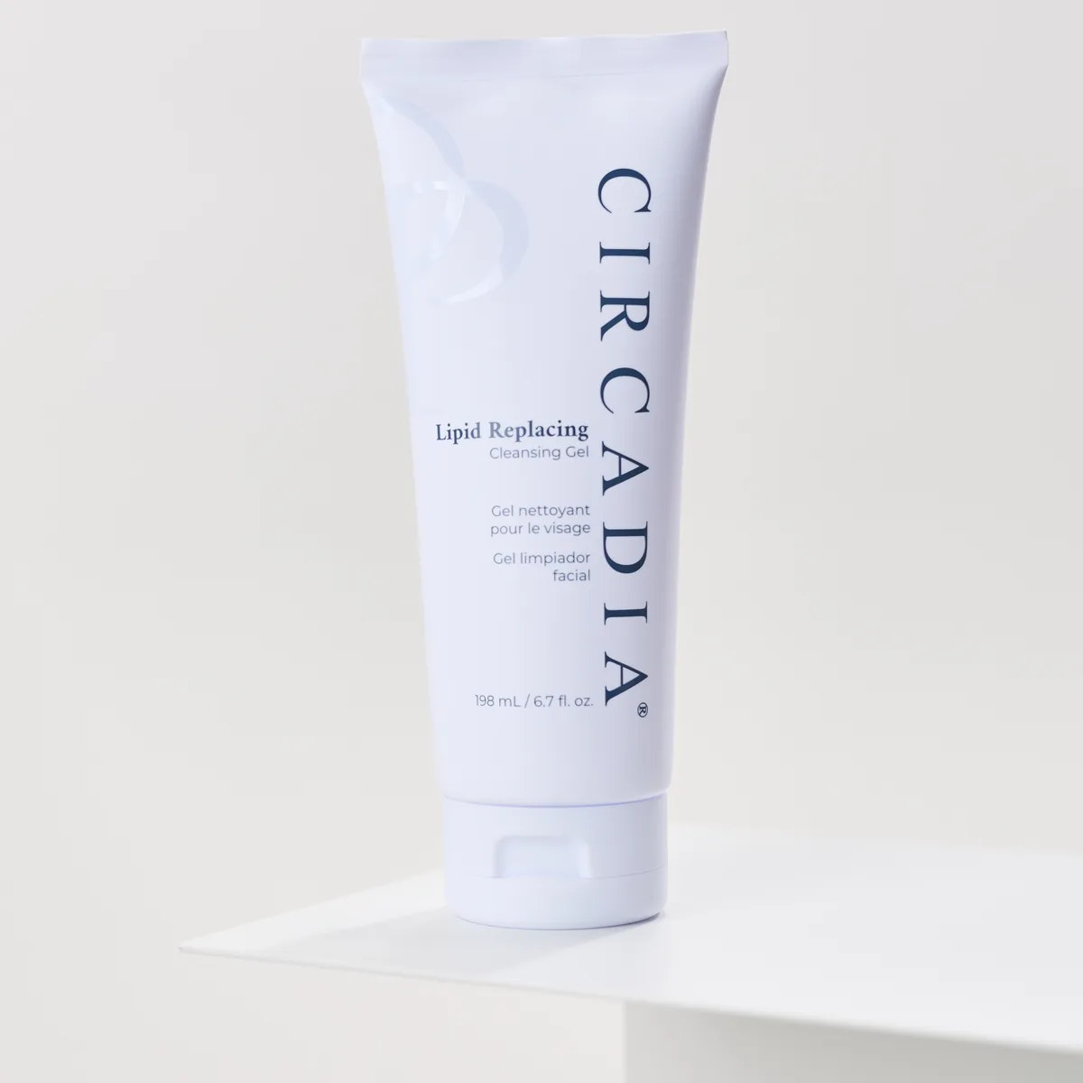 Lipid Replacing Cleansing Gel by Circadia, on a white pedestal