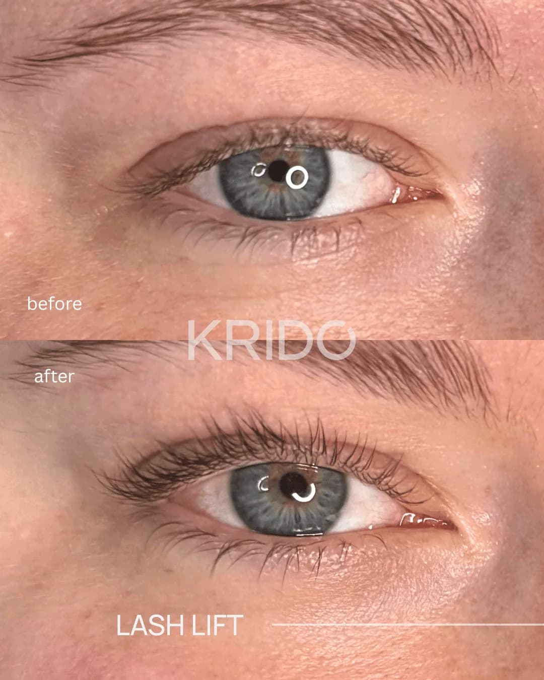 Client’s eye before and after a lash lift at KRIDO Wellness