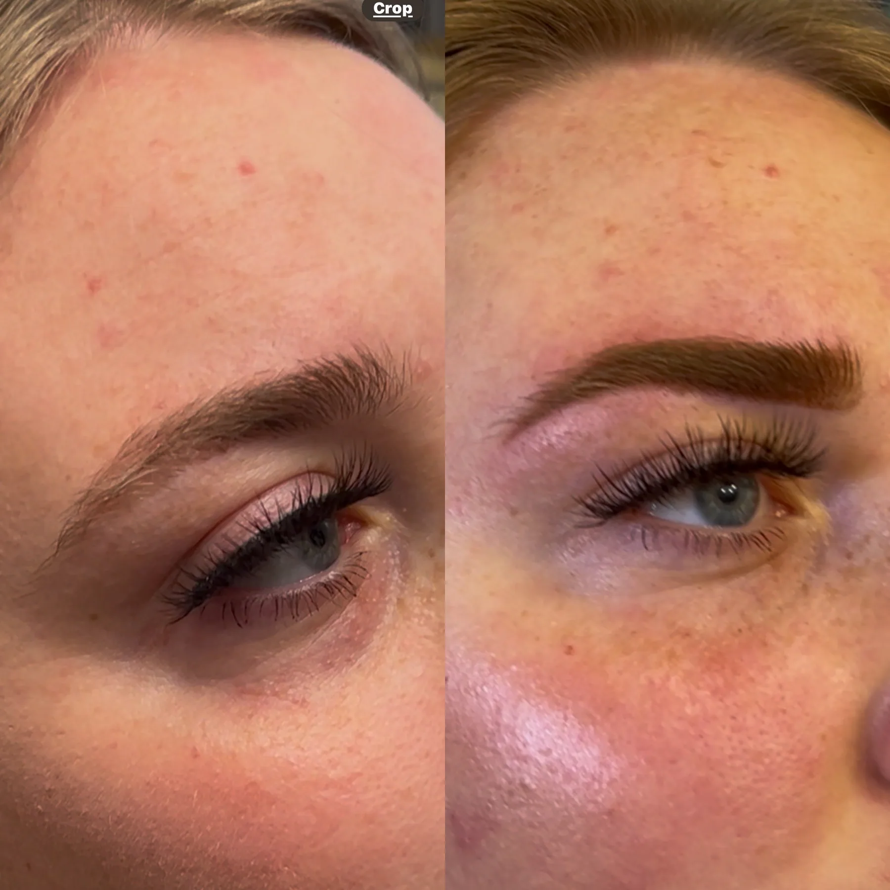 Side-by-side before and after of a client’s brow after permanent makeup at KRIDO Wellness